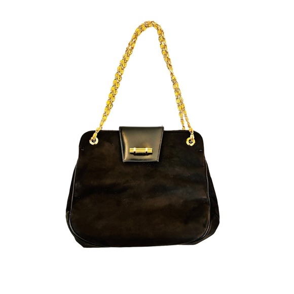 Vintage 60s Bienen Davis Retro Suede Handbag Black Gold Old Hollywood Purse - Picture 1 of 14